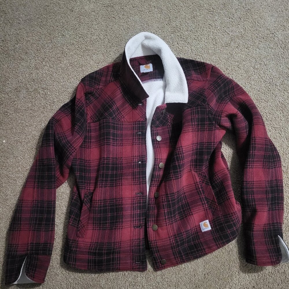 Carhartt Girls L Sherpa-Lined Red & Black Plaid Button Up Jacket